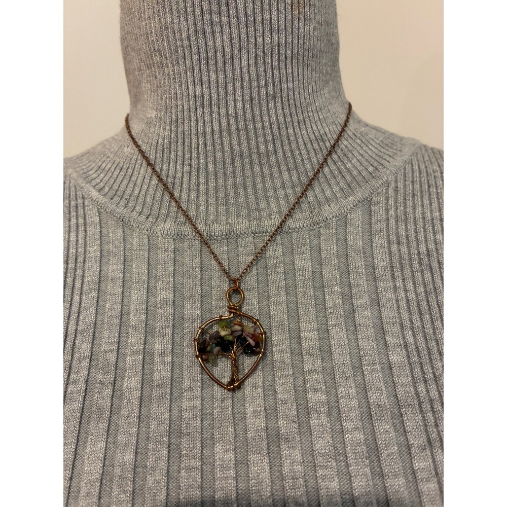 Tree of Life Necklace Copper Tons Wire Wrapped Heart Pendant Multi Stone Boho - Picture 3 of 6